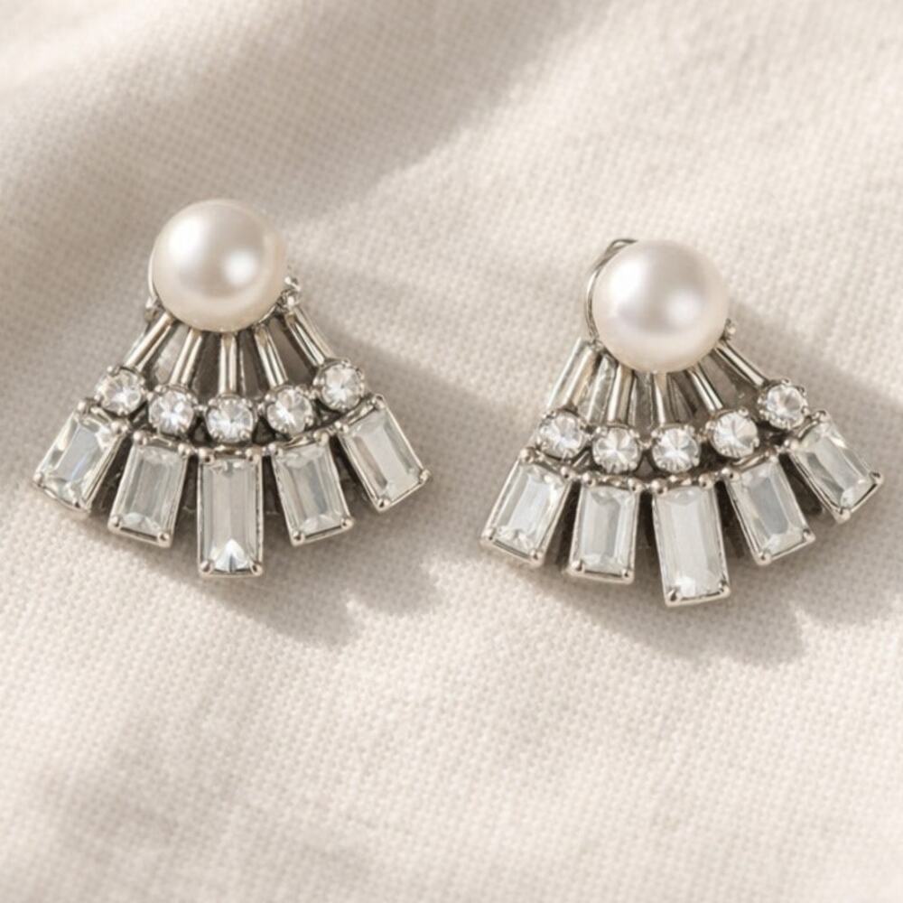 G by Gennaro Pearl Rhinestone Fan Stud Earrings NWT Bridal Wedding Formal